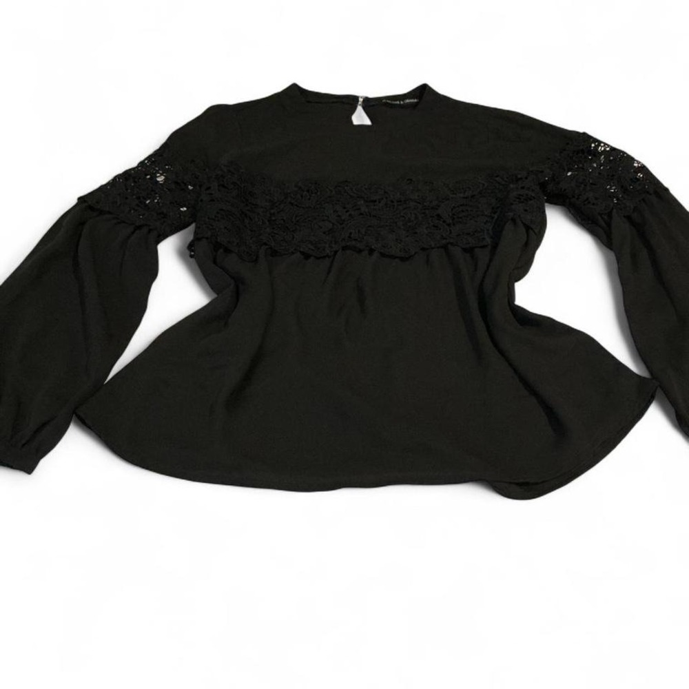 Black Lace Trim Peplum Blouse Medium Long Sleeve Keyhole - Picture 1 of 8